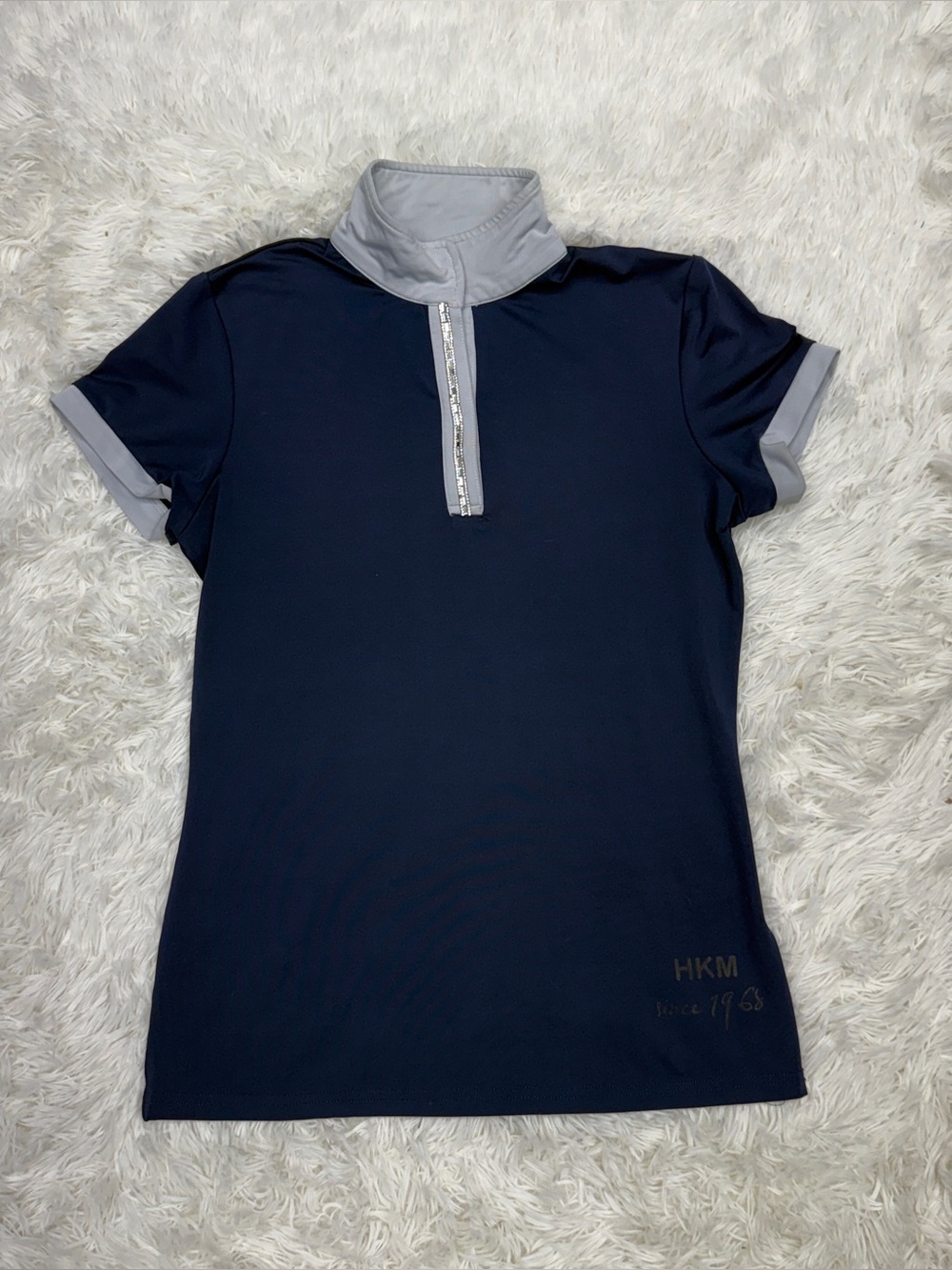 Women’s Small Navy HKM Short Sleeve Horseback Riding Show Shirt. Good Condition.